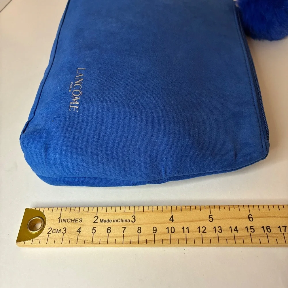 Lancome Paris Blue Faux Suede Cosmetic Bag Makeup Pouch with Pom Pom Charm Luxe